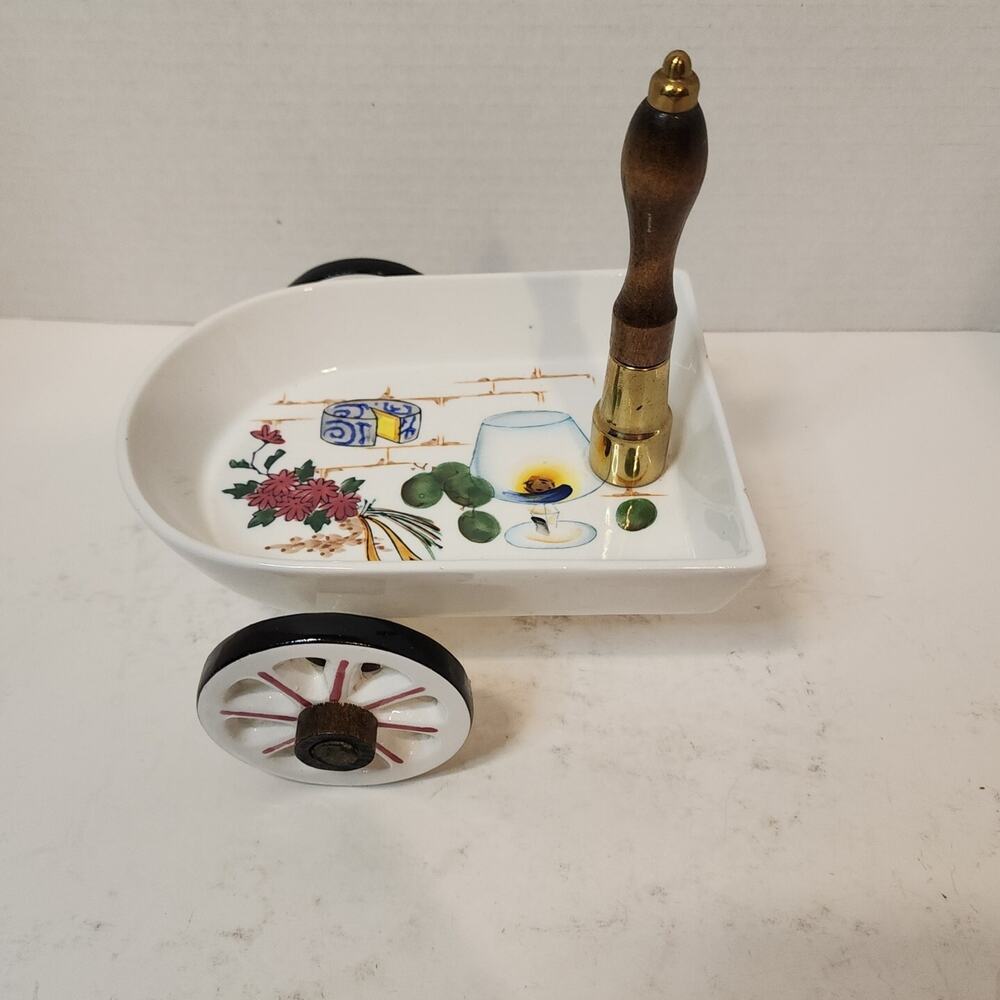 Nasco Del Coronado FRUIT CHEESE TRAY BOWL Ceramic Cart Wheels Wood Handle